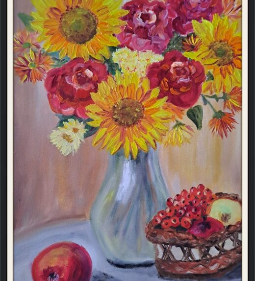 Painting Glass vase with flowers and currants 